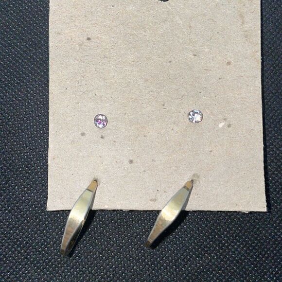 Two sets of earrings, one inch hoops and stud earrings with white gems - Picture 2 of 2